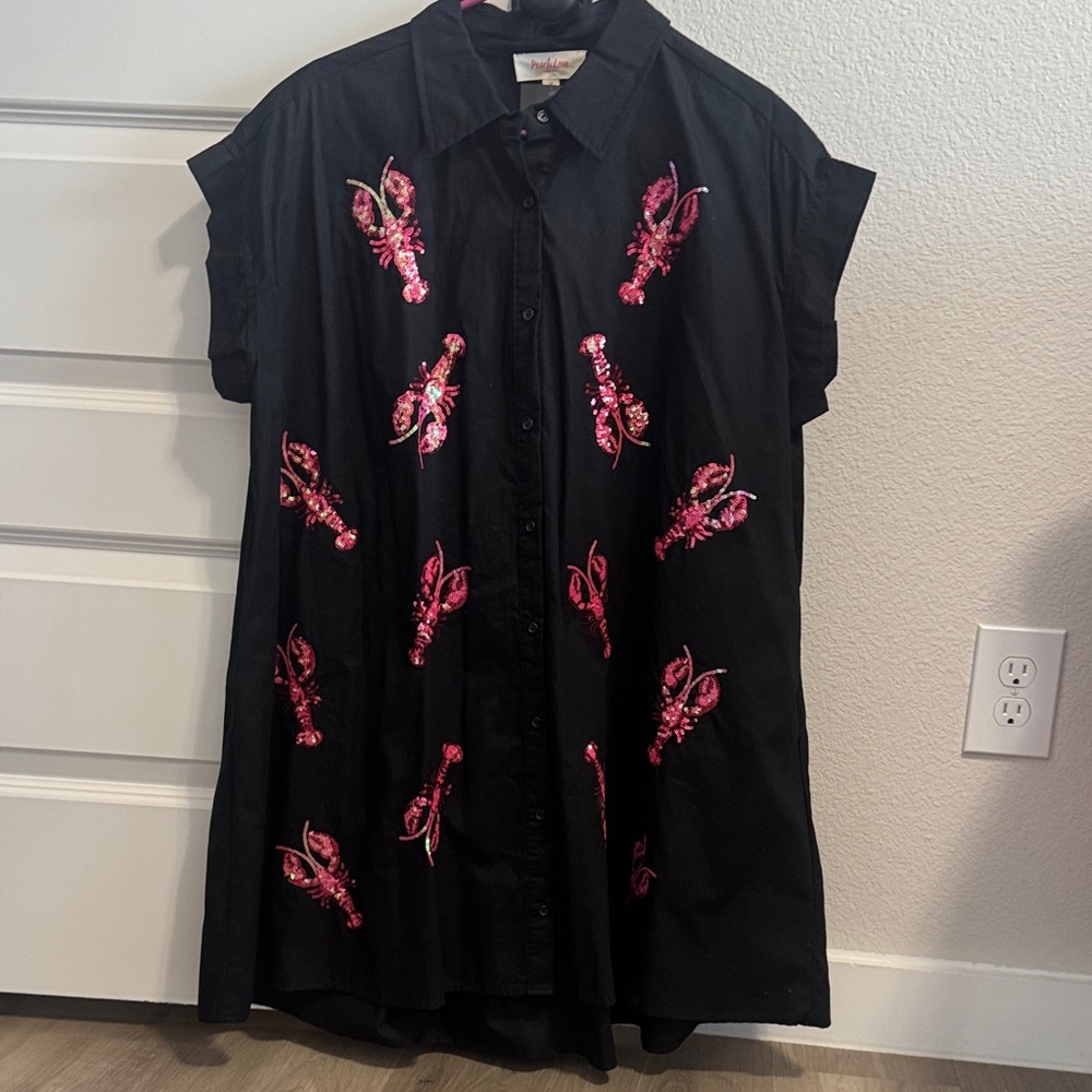 Peach Love California Black Dress with Pink Lobster Print